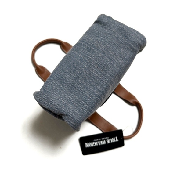 NWT TRUE RELIGION Denim Horseshoe Mini Tote Crossbody Bag Patch Logo Light Blue - Picture 6 of 8